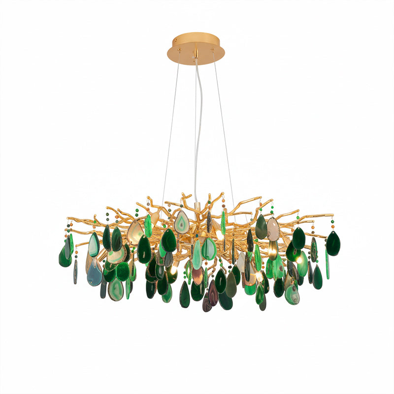 Green agate Clérachic chandelier on a white backdrop, with deep green slices hanging from a wide gold branch frame.