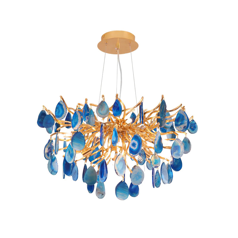 Compact blue agate Clérachic chandelier on a white backdrop, with navy and sky-blue slices clustered under a gold canopy.