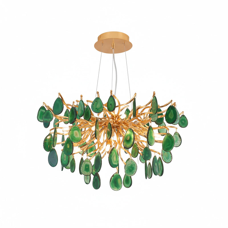 Compact green agate Clérachic chandelier on a white backdrop, with deep green teardrop slices around a gold branch centre.