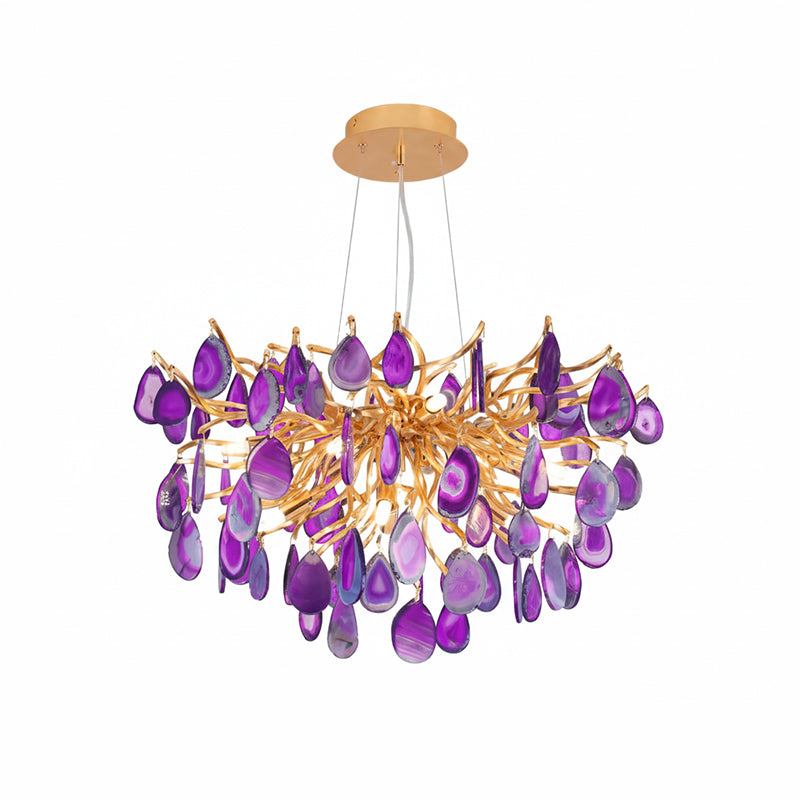 Compact purple agate Clérachic chandelier on a white backdrop, with violet and lilac slices around a gold branch centre.