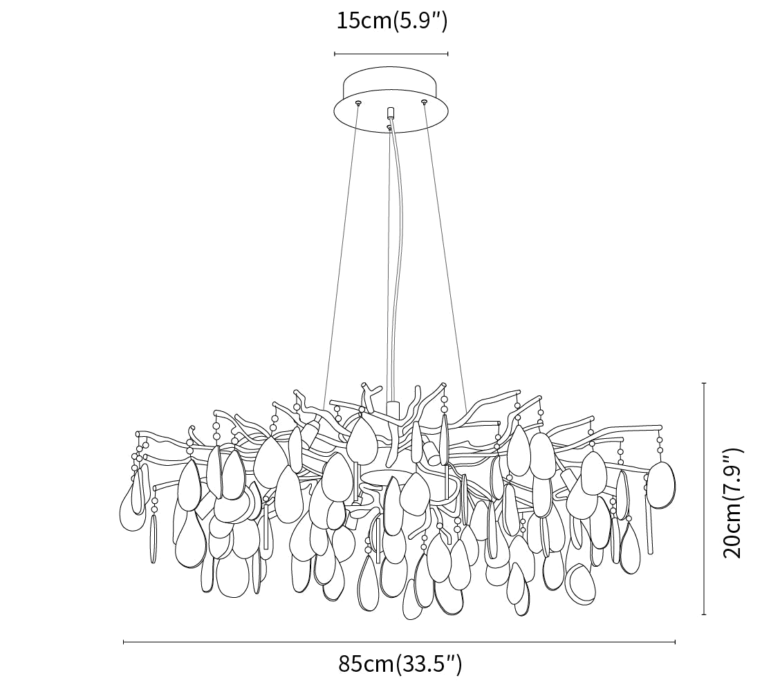 Clérachic chandelier dimension drawing, 20 cm, every measurement marked in centimetres and inches.