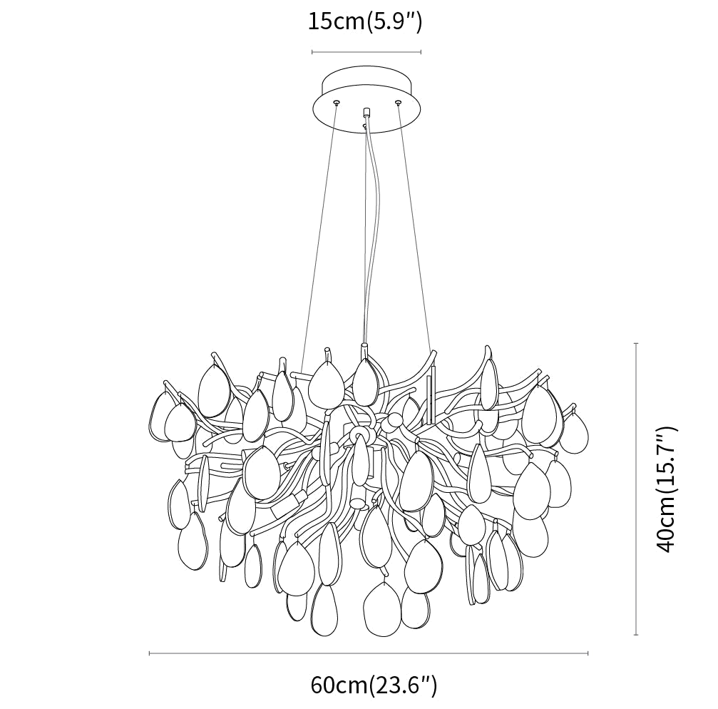 Clérachic chandelier dimension drawing, 40 cm, every measurement marked in centimetres and inches.