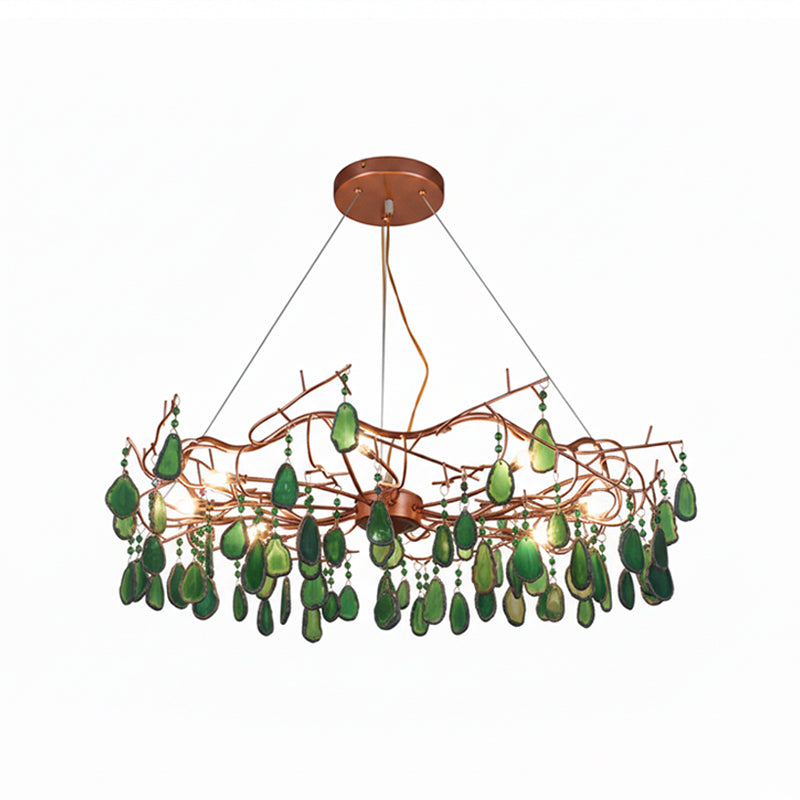 Green-slice Clérachic agate chandelier on a white backdrop, with deep green stones and small bulbs among the branches.
