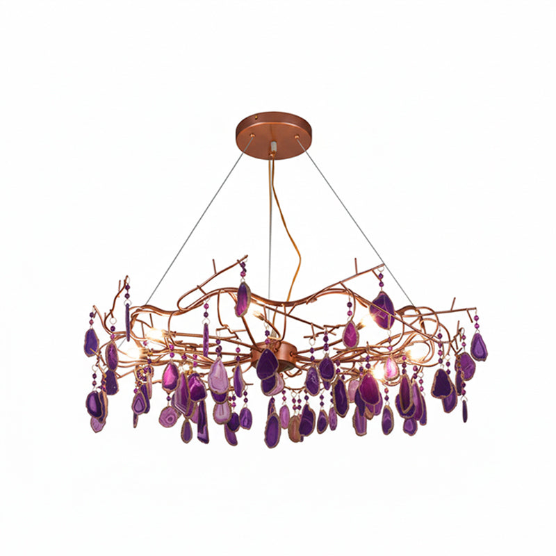 Purple-slice Clérachic agate chandelier on a white backdrop, with violet stones hanging from rose-gold branches.