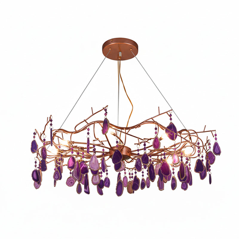 Purple-slice Clérachic agate chandelier on a white backdrop, with deep violet and lilac slices hanging below the frame.