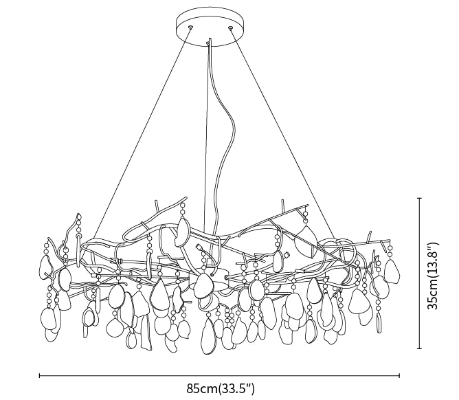 Clérachic pendant light dimension drawing, 85 cm, every measurement marked in centimetres and inches.