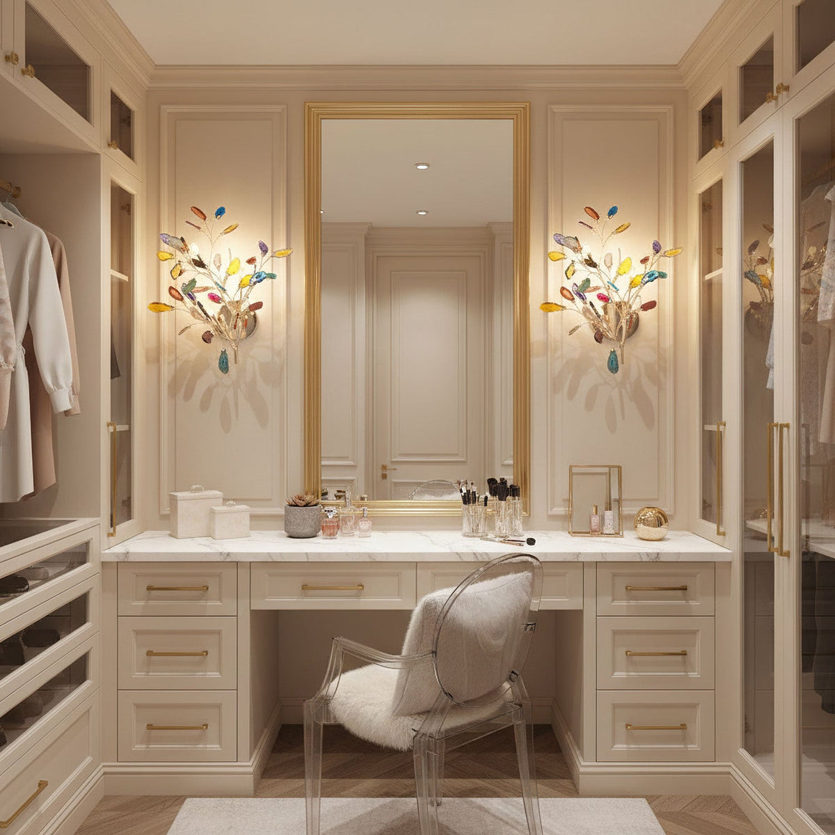 Two Clérachic agate wall lights flank a gold-framed mirror above a dressing table in a cream walk-in wardrobe.