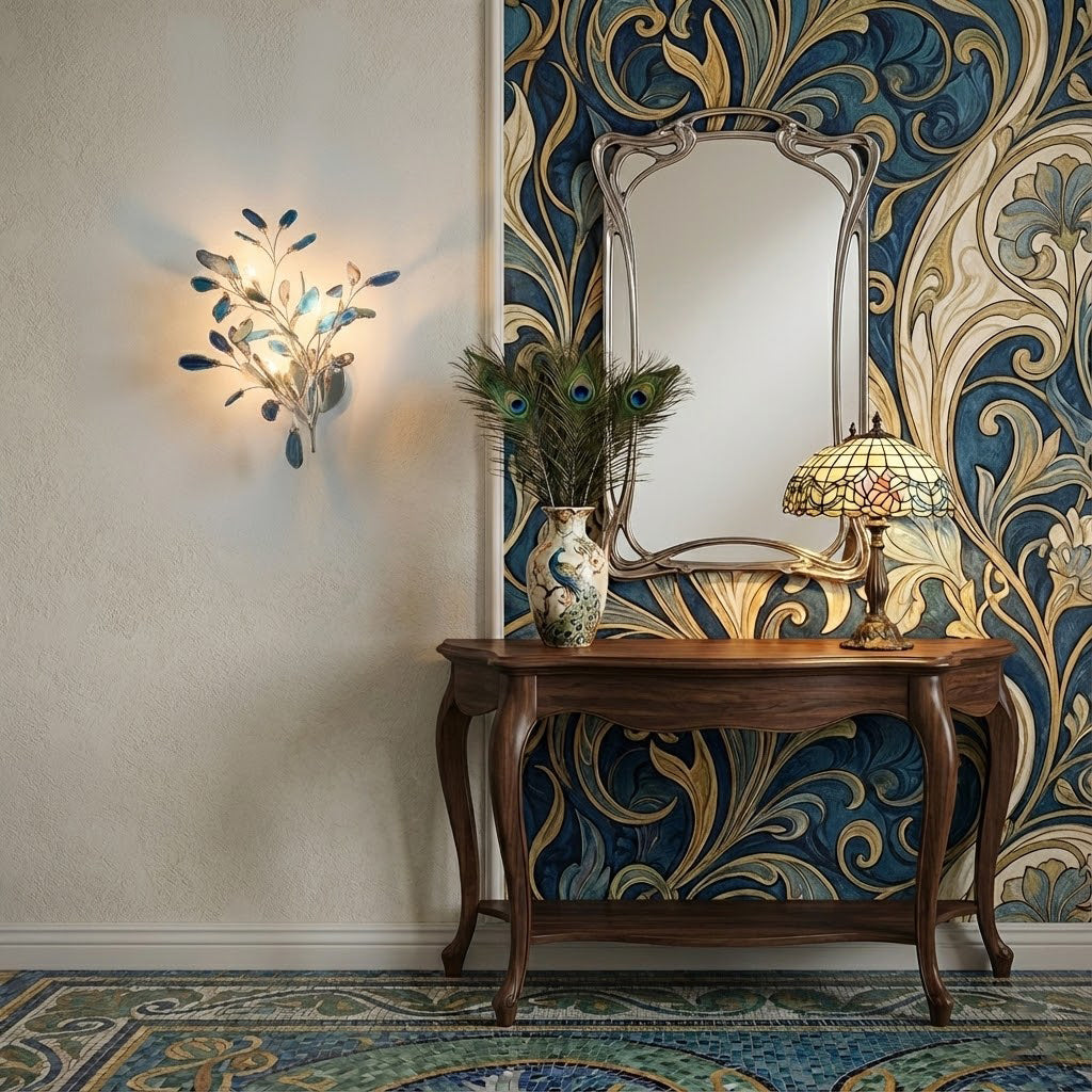 Blue-toned Clérachic agate wall light above a carved wooden console, with a mirror and patterned blue-and-gold wallpaper beside it.