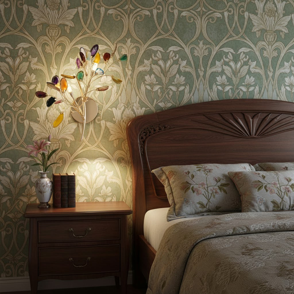 Multicolour Clérachic agate wall light glowing beside a carved wooden bed, on green patterned wallpaper.