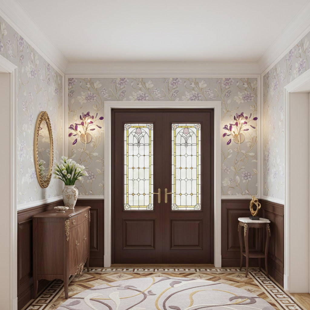 Two purple-toned Clérachic agate wall lights flank a dark double door with leaded glass in a panelled hallway.