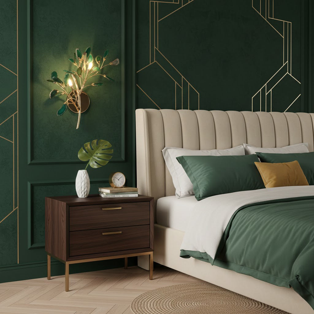 Green Clérachic agate wall light lit above a dark wood bedside table, on a deep green wall with fine gold lines.