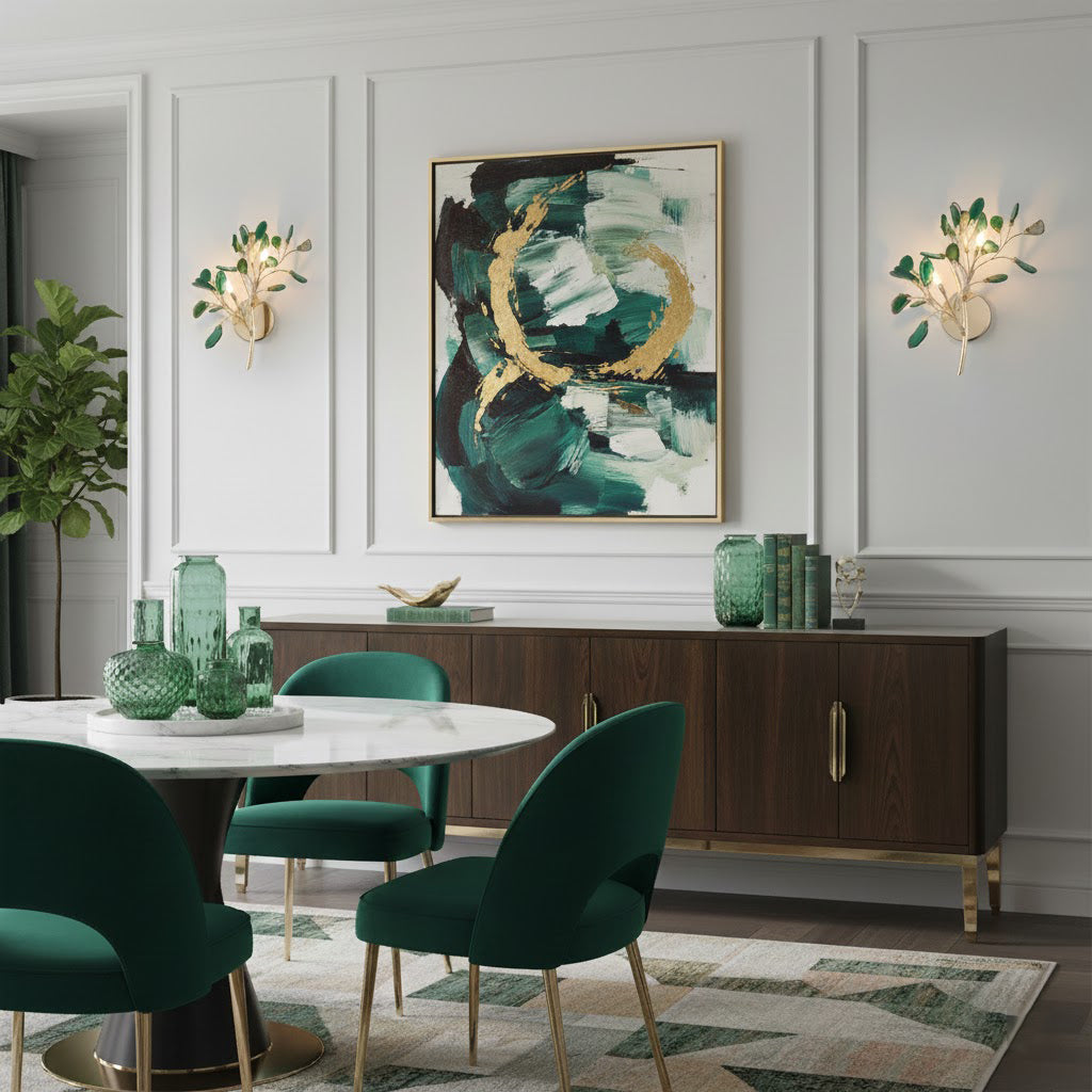 A pair of green Clérachic agate wall lights either side of an abstract painting, above a wood sideboard and a round dining table.