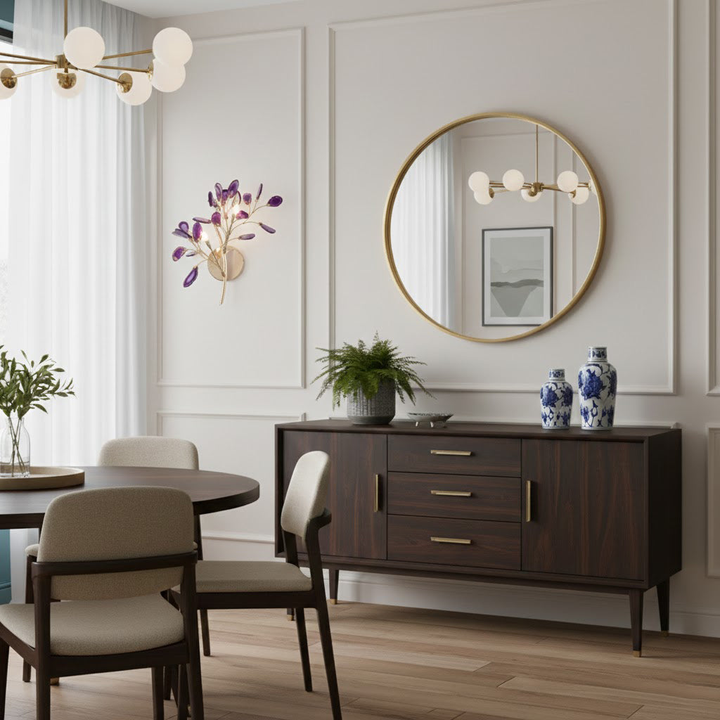 A purple Clérachic agate wall light on a white panelled wall above a dark sideboard, with a round mirror to its right.