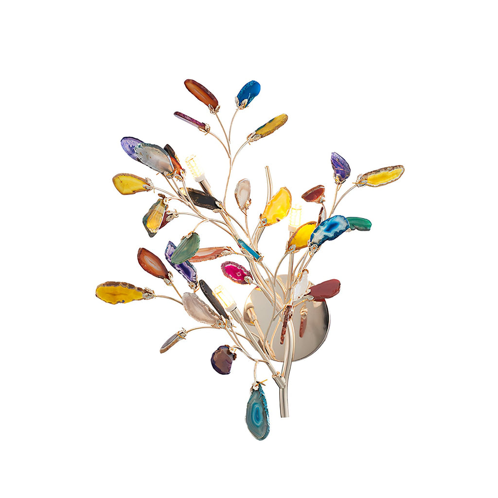 Front view of this Clérachic agate wall light, a gold branch holding colourful stone slices around a round back plate.