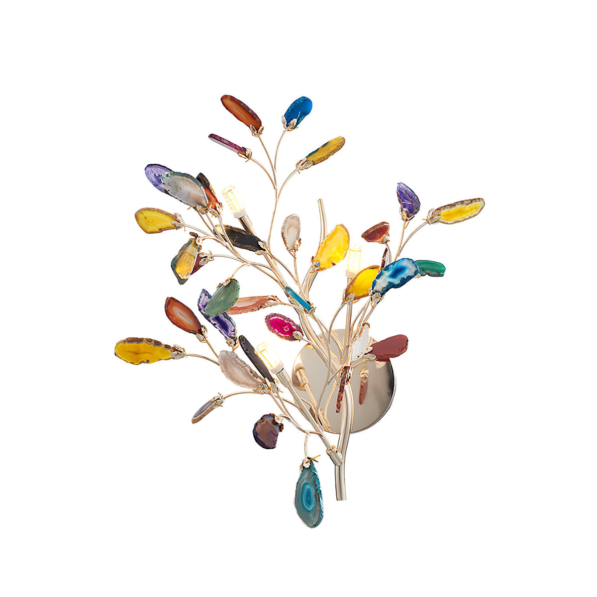 Front view of this Clérachic agate wall light, a gold branch holding colourful stone slices around a round back plate.