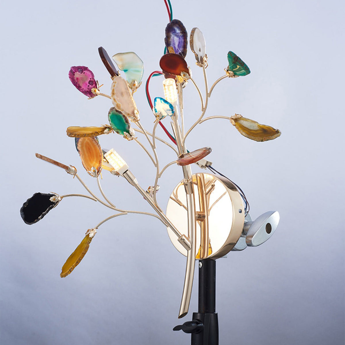The Clérachic agate wall light photographed on a studio stand against a pale blue backdrop, its wiring visible behind the stems.