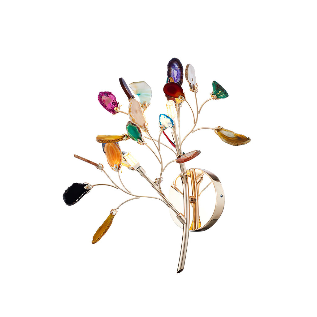 Multicolour Clérachic agate wall light on a white backdrop, with candle-style bulbs among the stone slices.