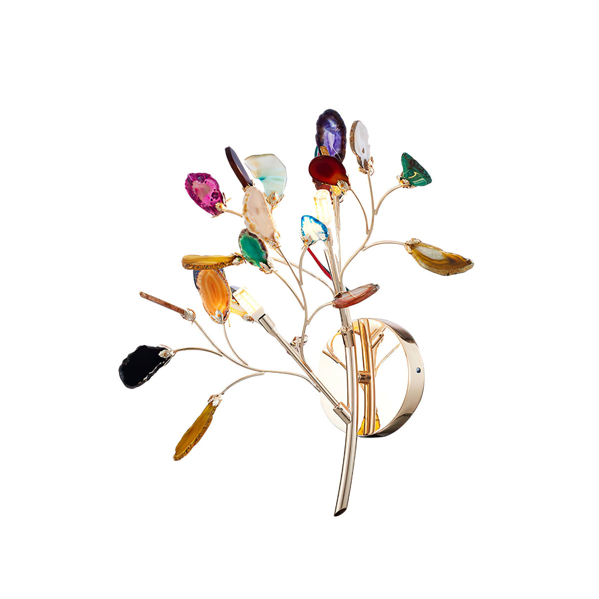 Multicolour Clérachic agate wall light on a white backdrop, with candle-style bulbs among the stone slices.