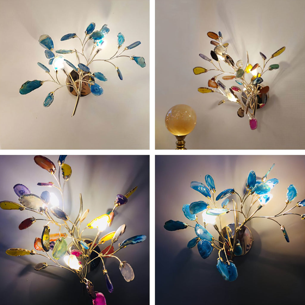 Four small photos of the Clérachic agate wall light lit in different colours, from teal and blue to multicolour.