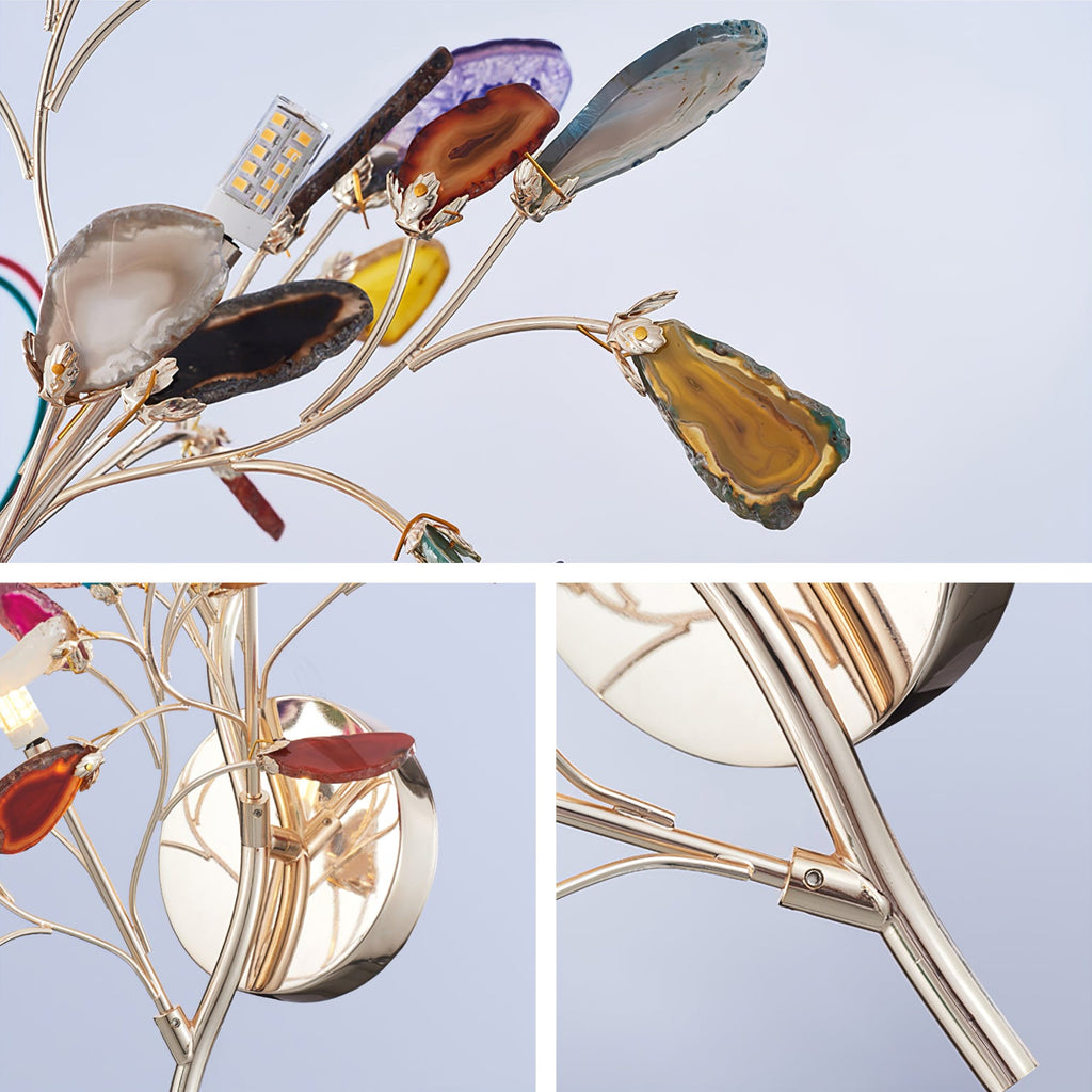 Three close views of the Clérachic agate wall light, showing the polished stone slices, a small bulb and the gold joints.