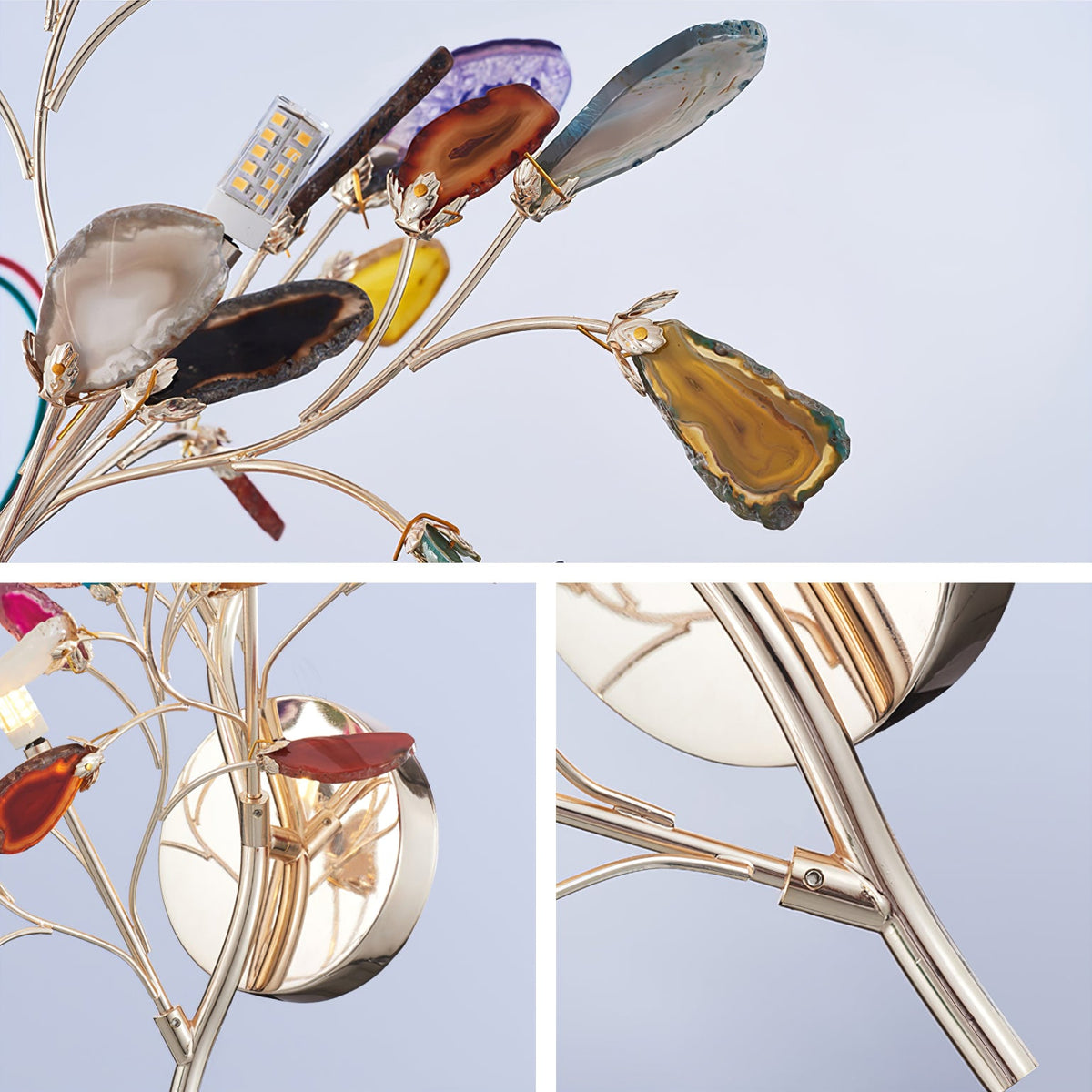 Three close views of the Clérachic agate wall light, showing the polished stone slices, a small bulb and the gold joints.