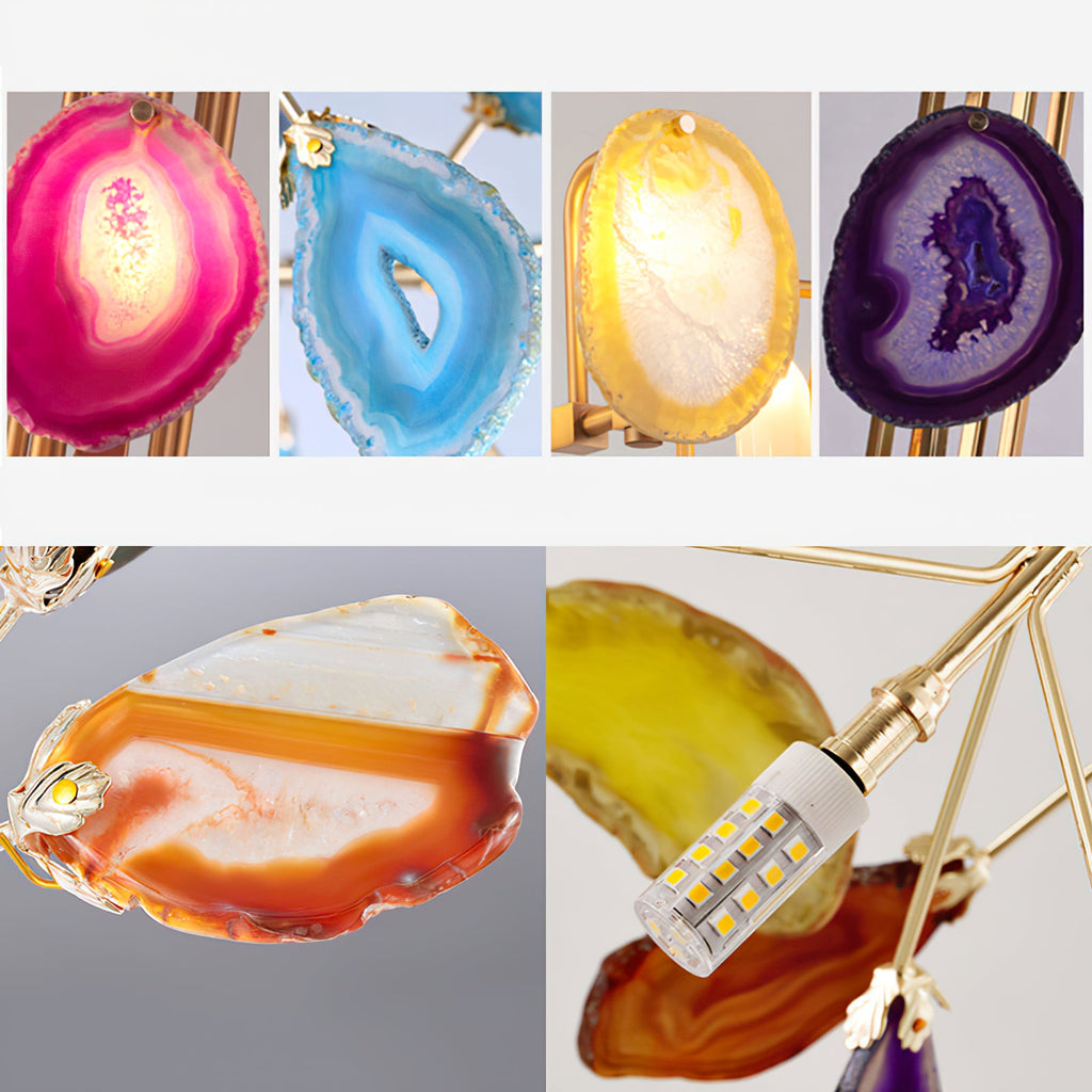 Six close views of the polished agate slices on this Clérachic wall light, in pink, blue, yellow, purple and orange, with a small LED bulb.