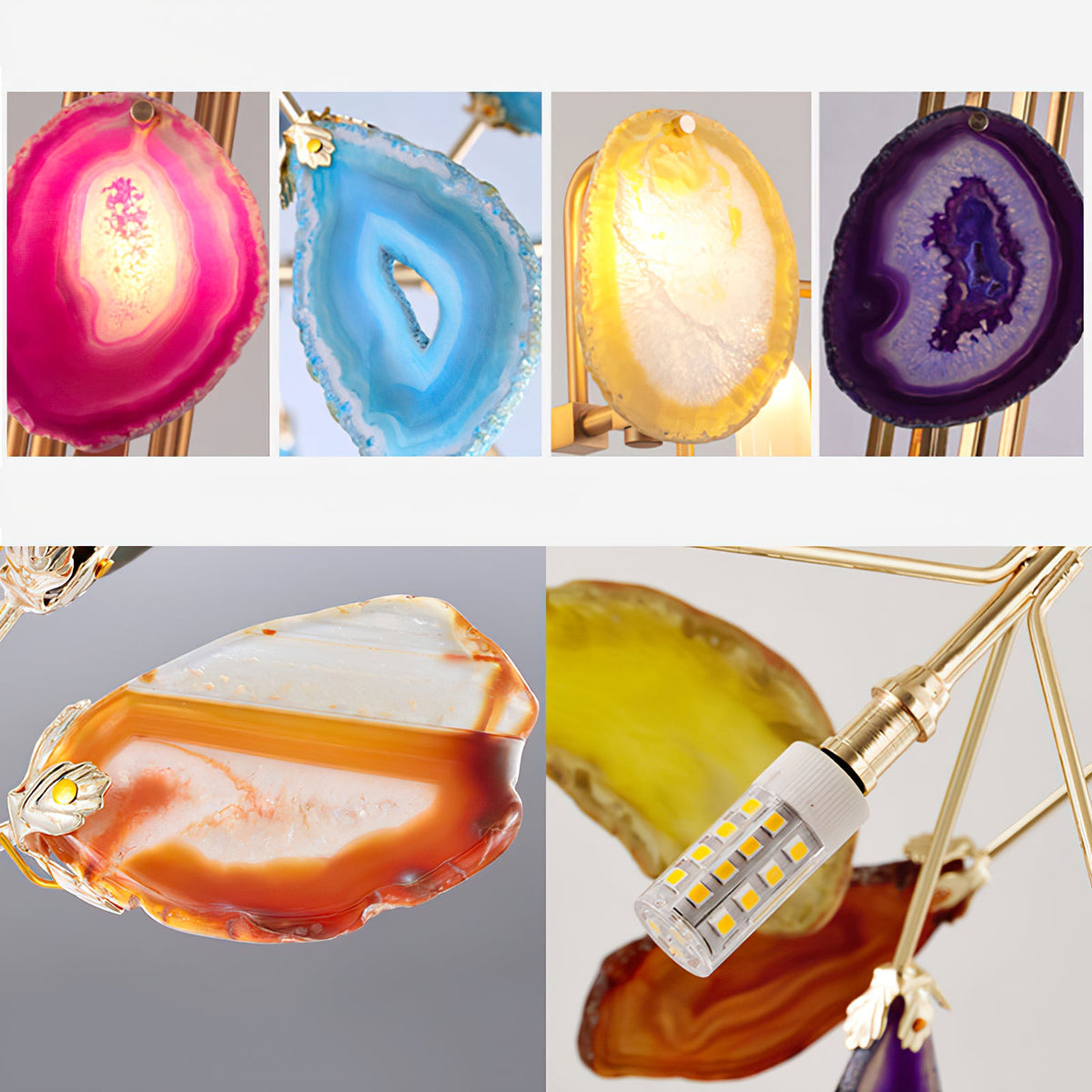 Six close views of the polished agate slices on this Clérachic wall light, in pink, blue, yellow, purple and orange, with a small LED bulb.