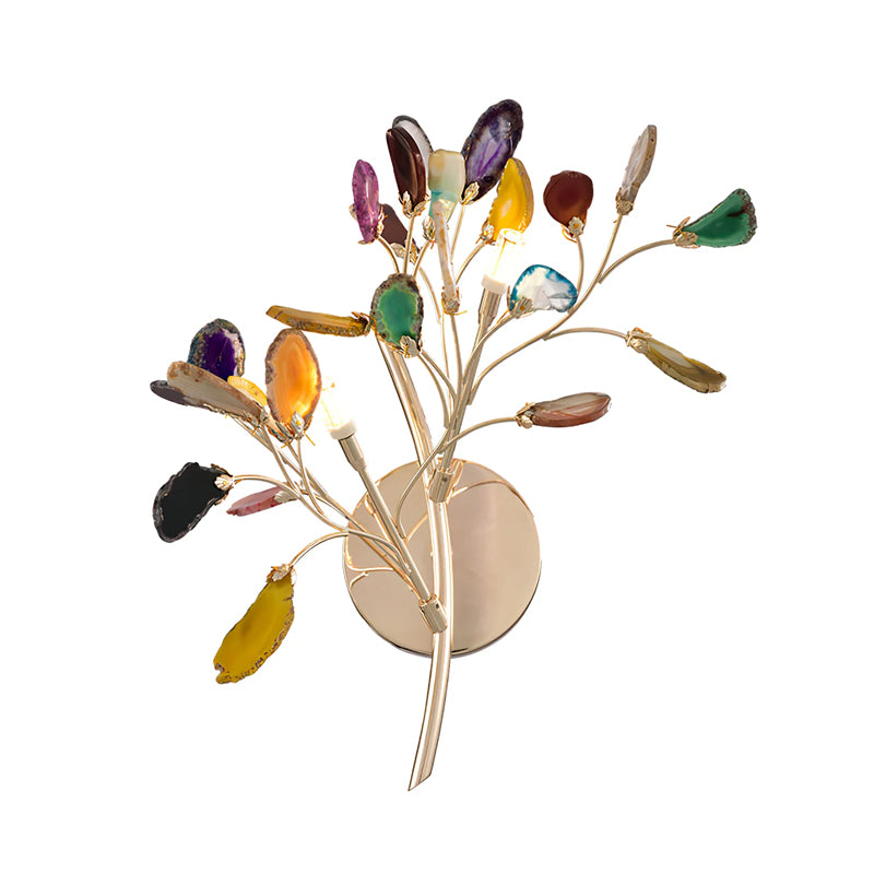 Multicolour version of this Clérachic agate wall light on a white backdrop, with a round gold back plate and curving stem.
