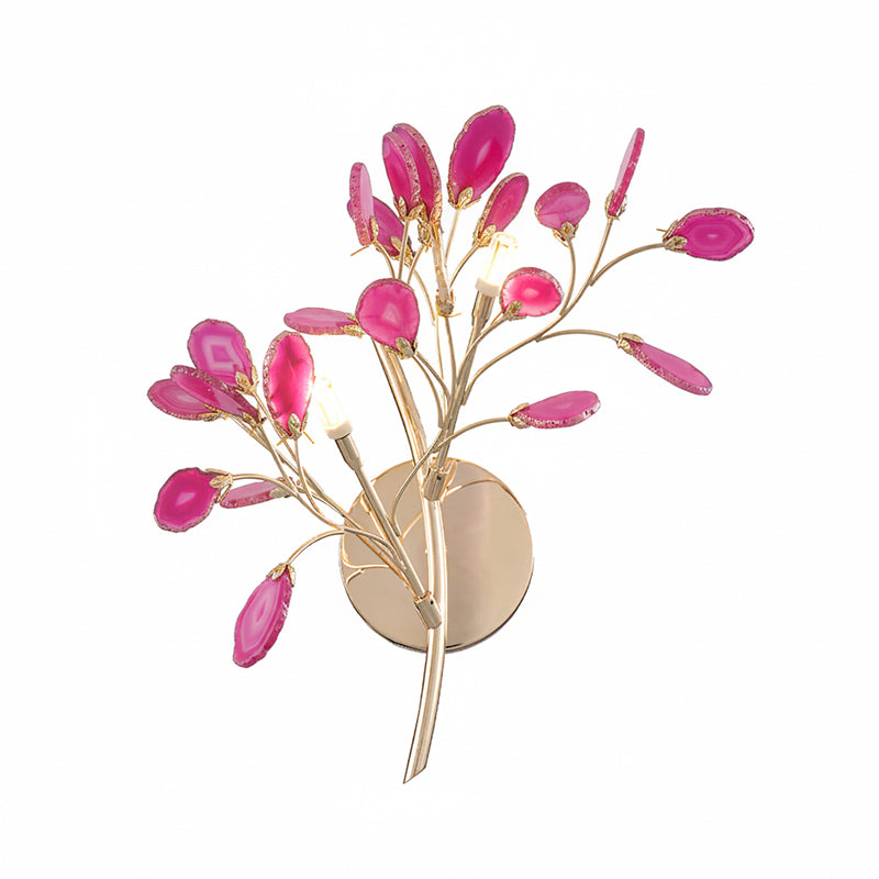 Pink Clérachic agate wall light on a white backdrop, with bright magenta stone slices on a gold branch.