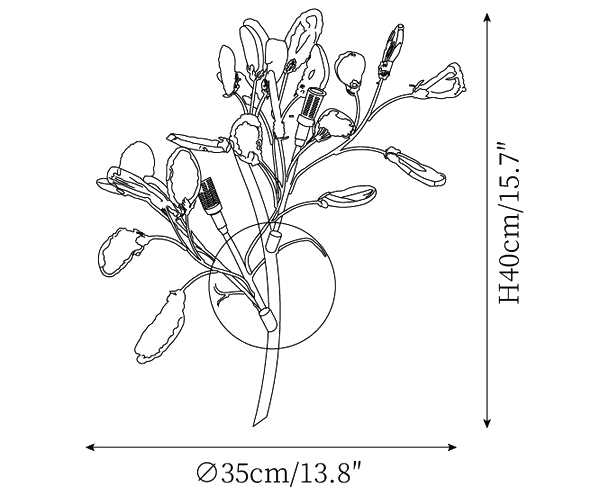 Clérachic wall light dimension drawing, 1 of 2, every measurement marked in centimetres and inches.