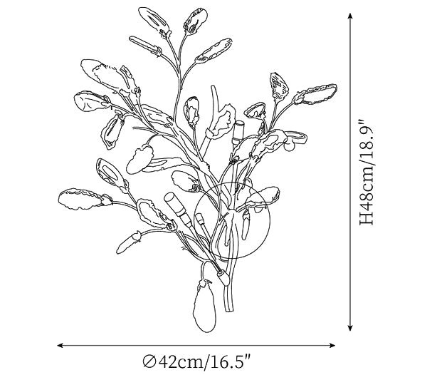 Clérachic wall light dimension drawing, 2 of 2, every measurement marked in centimetres and inches.