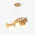 A Clérachic ceiling light shaped like a wooden airplane, with a propeller and three round white glass globes, hung on three fine wires.