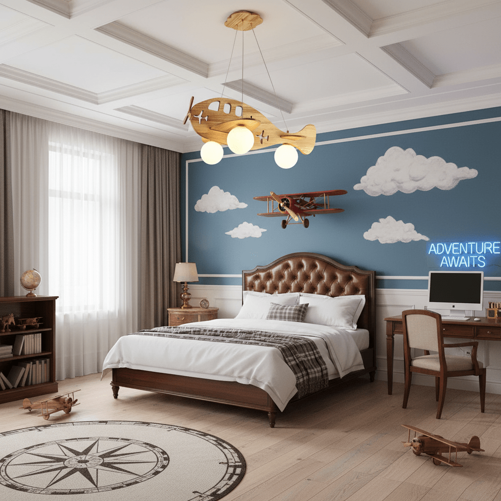 Wooden airplane ceiling light from Clérachic above a boy's bed with a brown headboard, a blue cloud-painted wall and toy biplanes.
