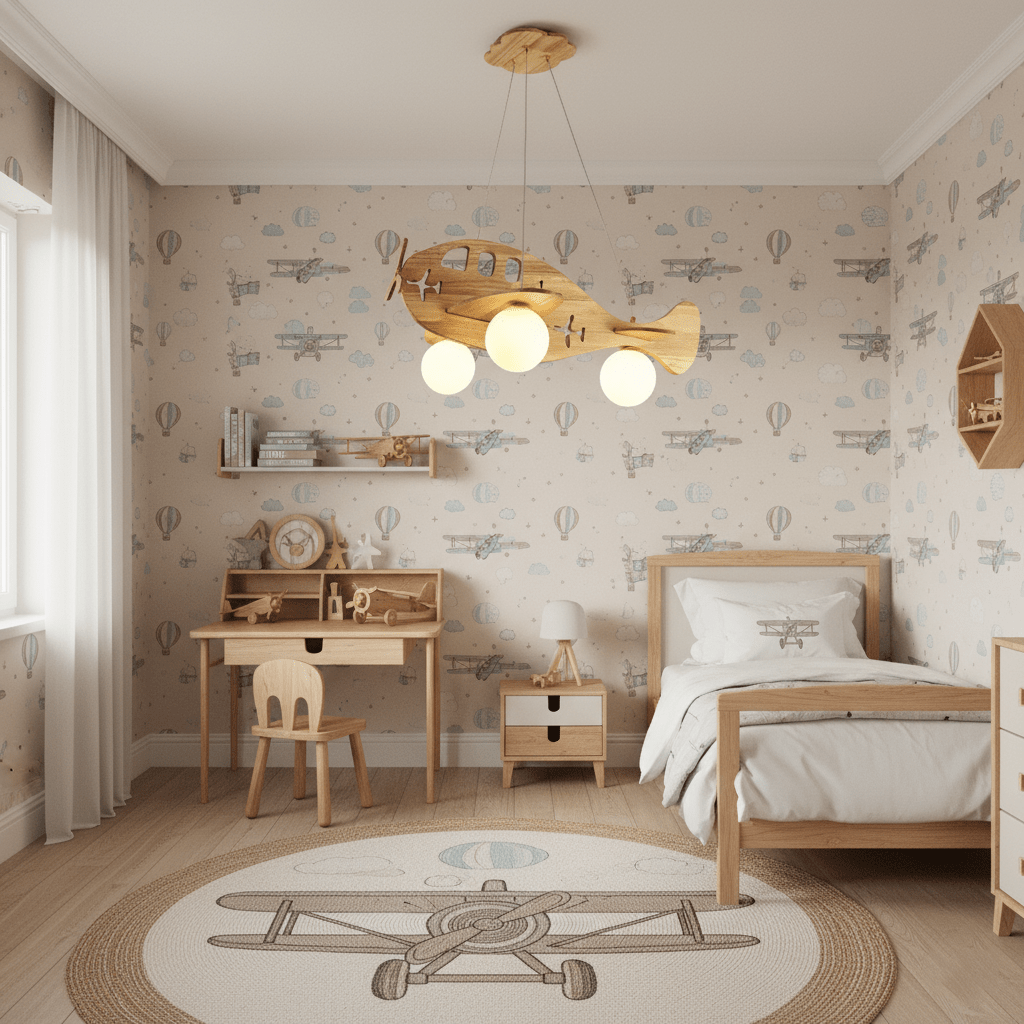 This Clérachic airplane light glows over a child's room with aeroplane wallpaper, a small wooden desk and a round plane-print rug.
