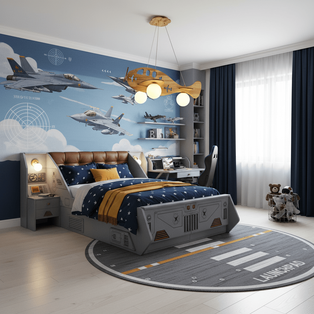 The Clérachic wooden airplane light hangs in a bedroom with a fighter-jet mural, a navy bed and a grey runway-style rug.