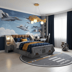 The Clérachic wooden airplane light hangs in a bedroom with a fighter-jet mural, a navy bed and a grey runway-style rug.