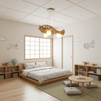 Clérachic airplane pendant lit in a pale room with a low platform bed, a tatami-style mat and outline planes drawn on the wall.