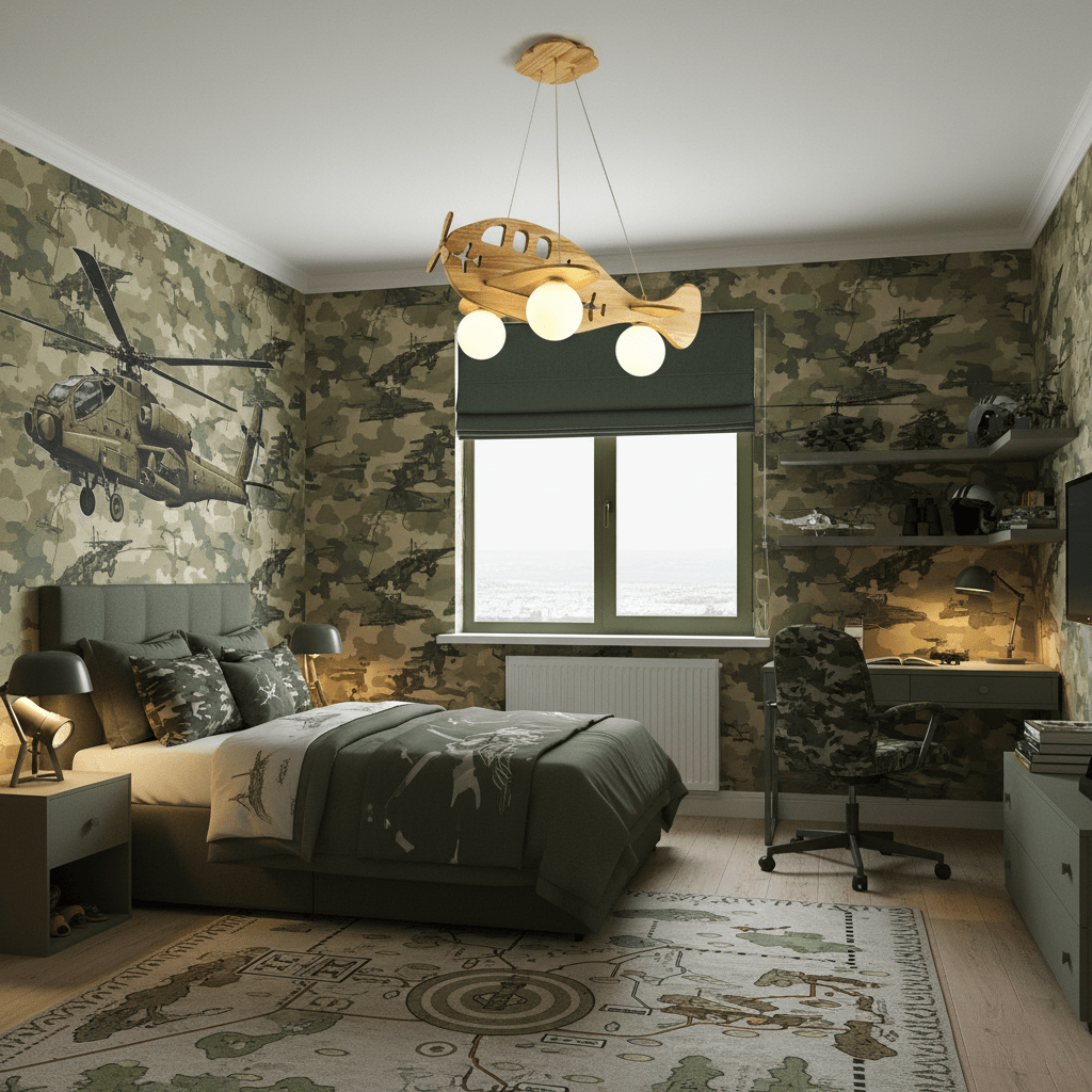 Wooden airplane light from Clérachic in a camouflage-walled bedroom with a helicopter mural, a dark bed and a map-print rug.