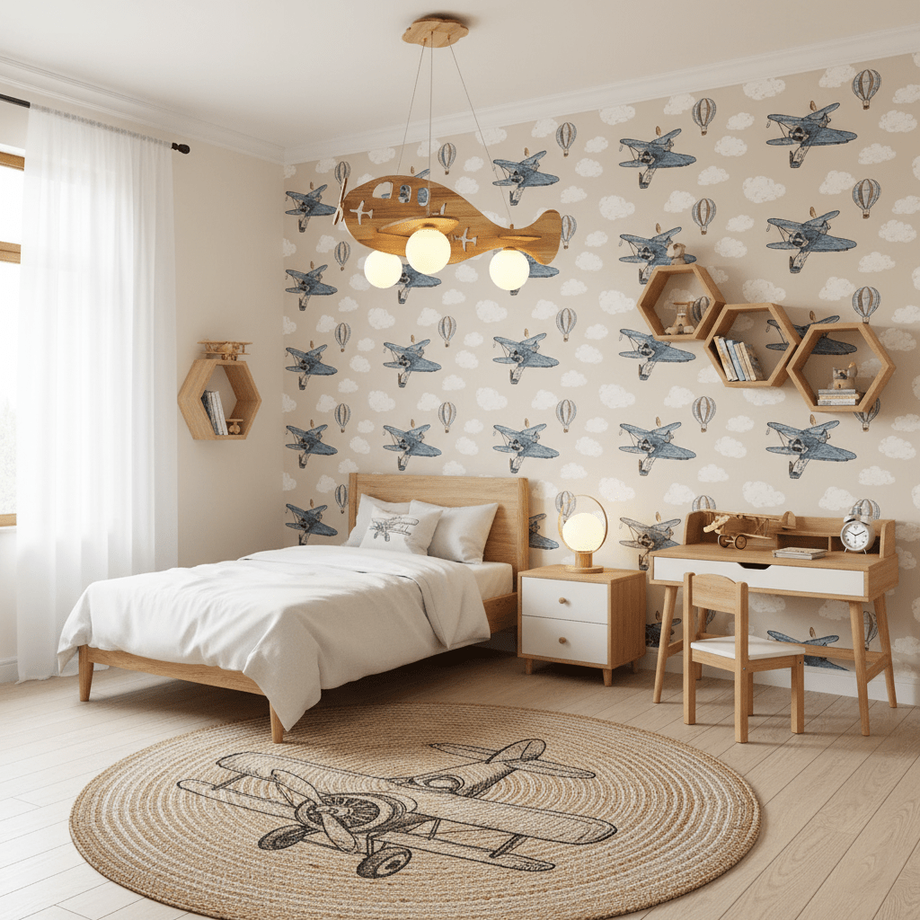Clérachic airplane ceiling light above a child's bed, with grey plane-patterned wallpaper, hexagonal wooden shelves and a round woven rug.