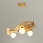 Clérachic airplane ceiling light with its cloud-shaped wooden canopy and three suspension wires, lit against a light grey backdrop.