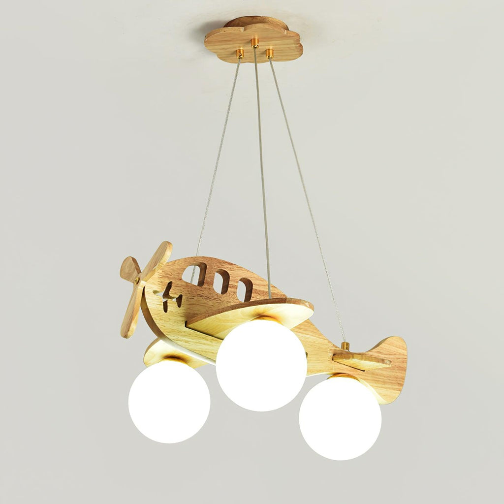 This Clérachic airplane light seen from a low angle, with brighter globes that show the wood grain of the wing and fuselage.