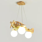 This Clérachic airplane light seen from a low angle, with brighter globes that show the wood grain of the wing and fuselage.