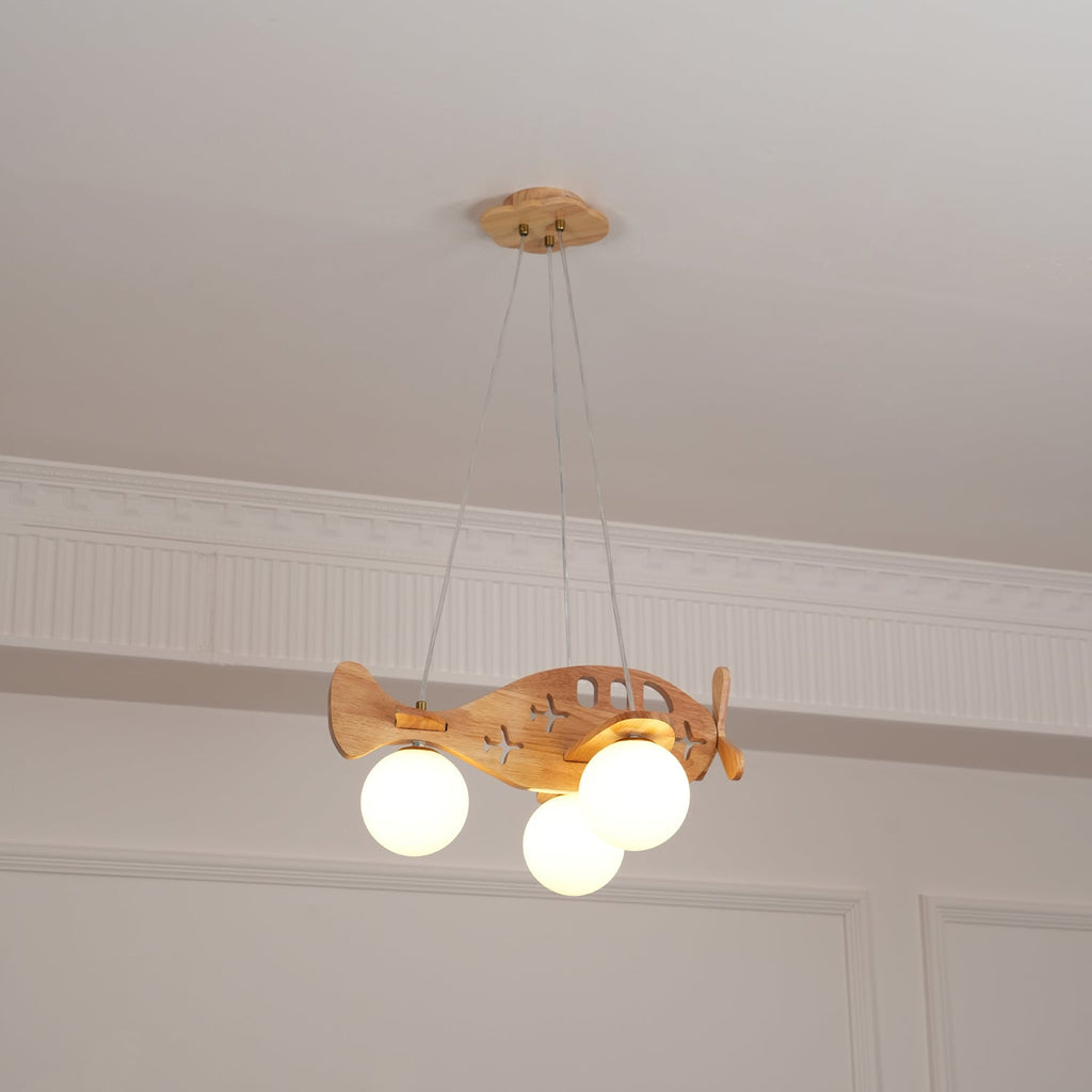 Distant view of this Clérachic wooden airplane light in a room with ornate cornice mouldings and panelled walls.