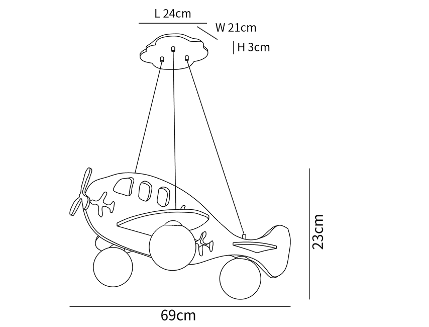 Dimension drawing of this Clérachic airplane light, with its height and width marked.