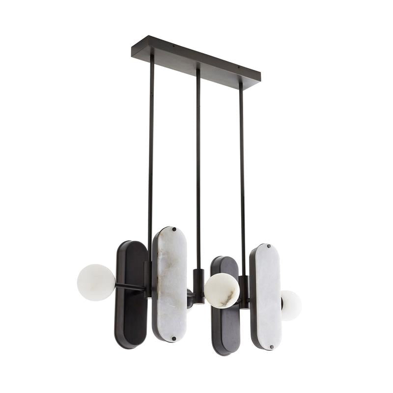 Studio view of the Clérachic Alabaster 5-Light Linear Island Pendant, its blackened-bronze canopy and slim drop rods shown against white.