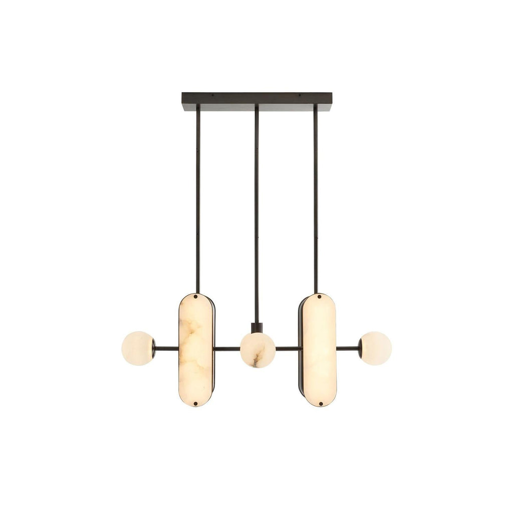 The Clérachic Alabaster 5-Light Linear Island Pendant lit head-on, warm light glowing evenly through both stone capsules and all three globes.