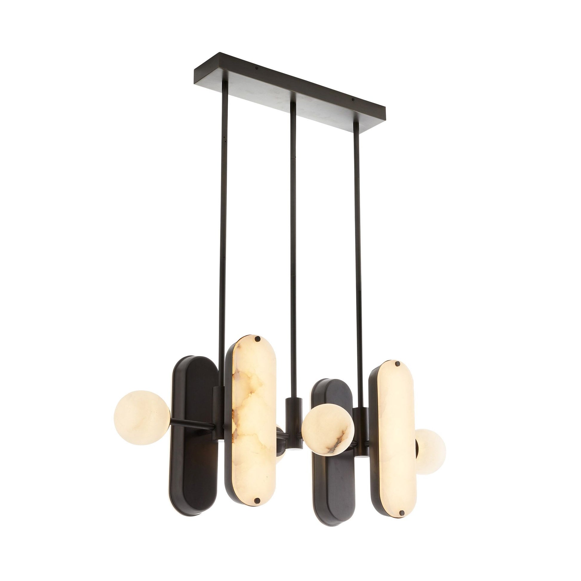 Angled view of the lit Clérachic Alabaster 5-Light Linear Island Pendant, dark bronze backplates sitting behind each glowing alabaster capsule.