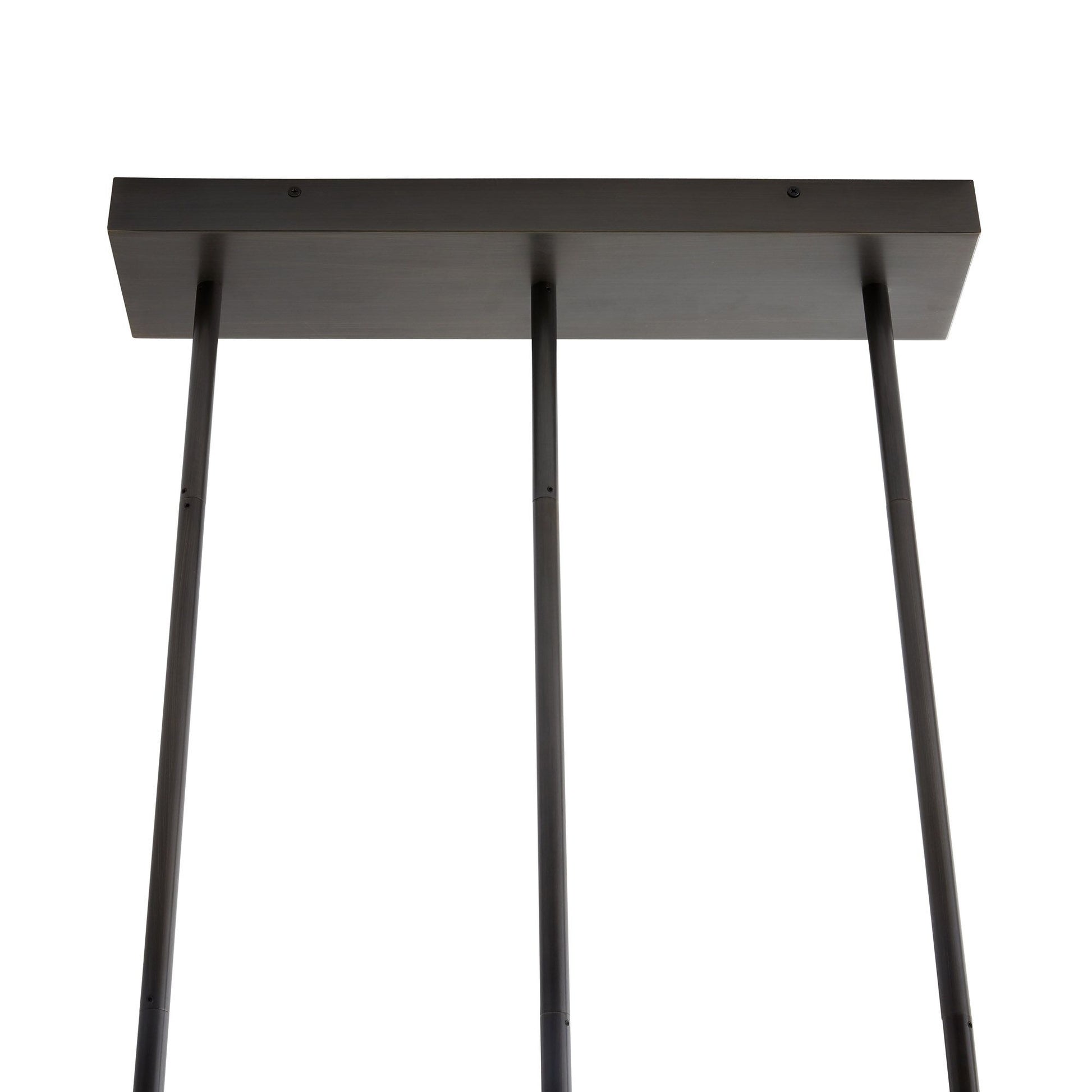 Ceiling canopy of the Clérachic Alabaster 5-Light Linear Island Pendant, a slim bronze rectangle feeding three drop rods for a hardwired fit.