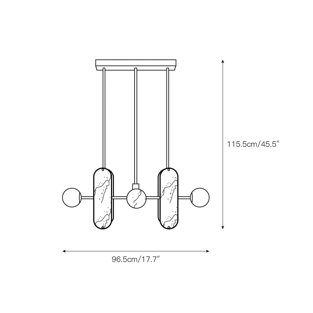 Dimension drawing for the Clérachic Alabaster 5-Light Linear Island Pendant, 96.5cm/17.7″ wide and 115.5cm/45.5″ from ceiling to lowest point.