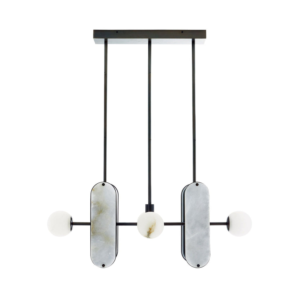 Front elevation of the Clérachic Alabaster 5-Light Linear Island Pendant unlit, full drop rods and cool grey stone shades shown to scale.